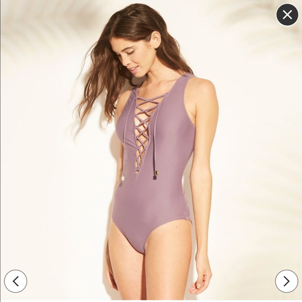 Maroon Lace-Up Plunge One-Piece Swimsuit